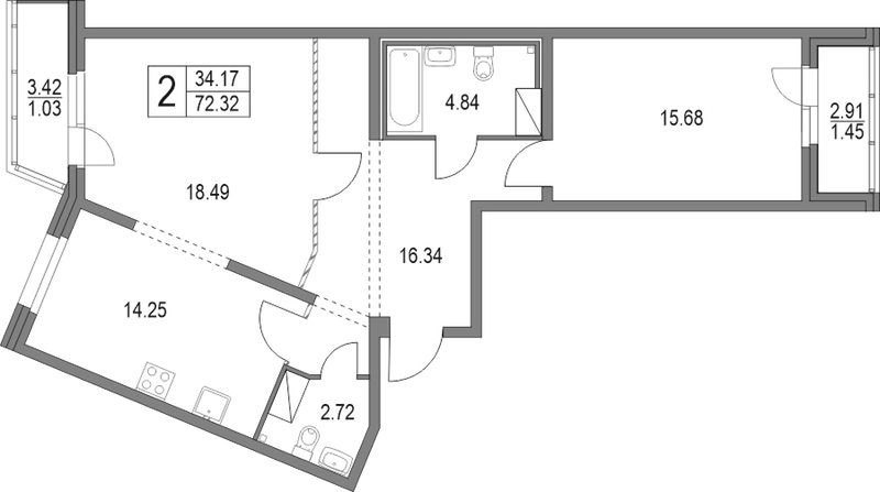 2-комнатная квартира 72.32 м², 4/19 эт., ЖК «Приморский квартал»